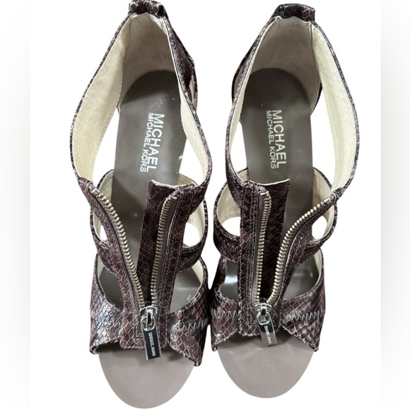 MICHAEL Michael Kors Front Zip Brown Reptile Strappy Leather Heeled Sandals, 7 - Picture 6 of 10